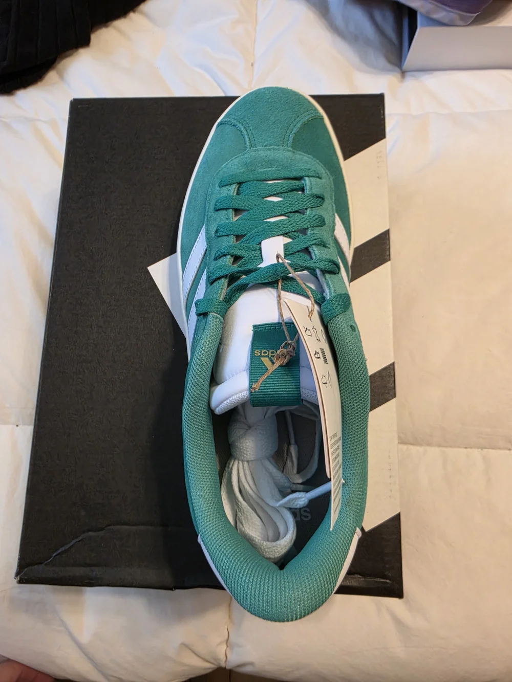 Green Suede Low-Top Sneakers with White Stripes